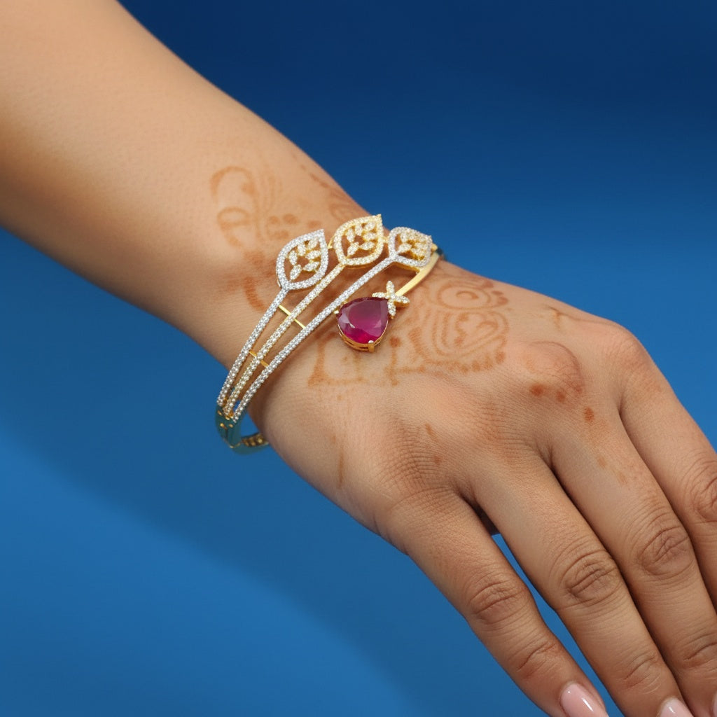 439292 Cz Openable Kada With 2 Tone Plating-Ruby