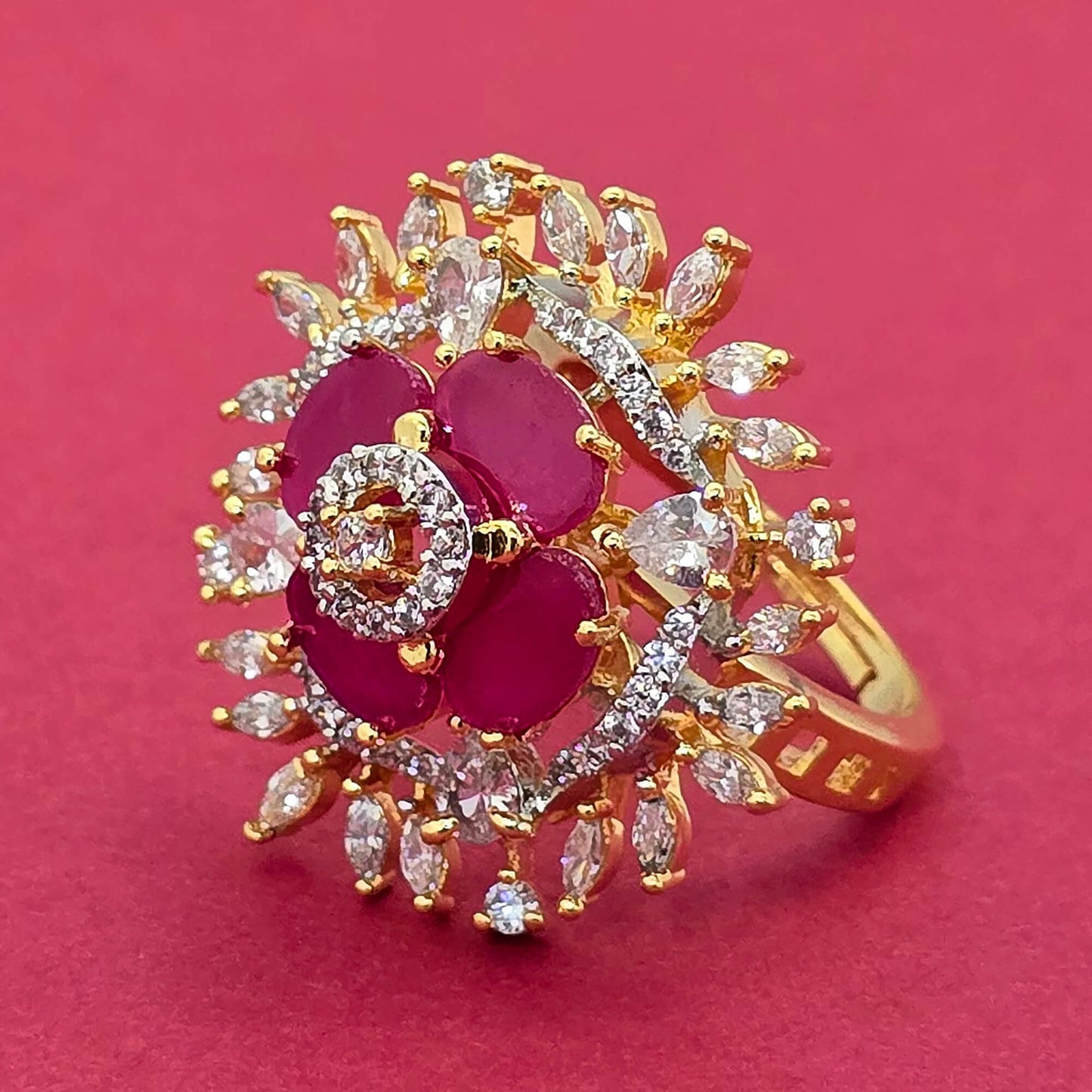 439197 American Diamond Adjustable Ring With 2 Tone Plating-Ruby