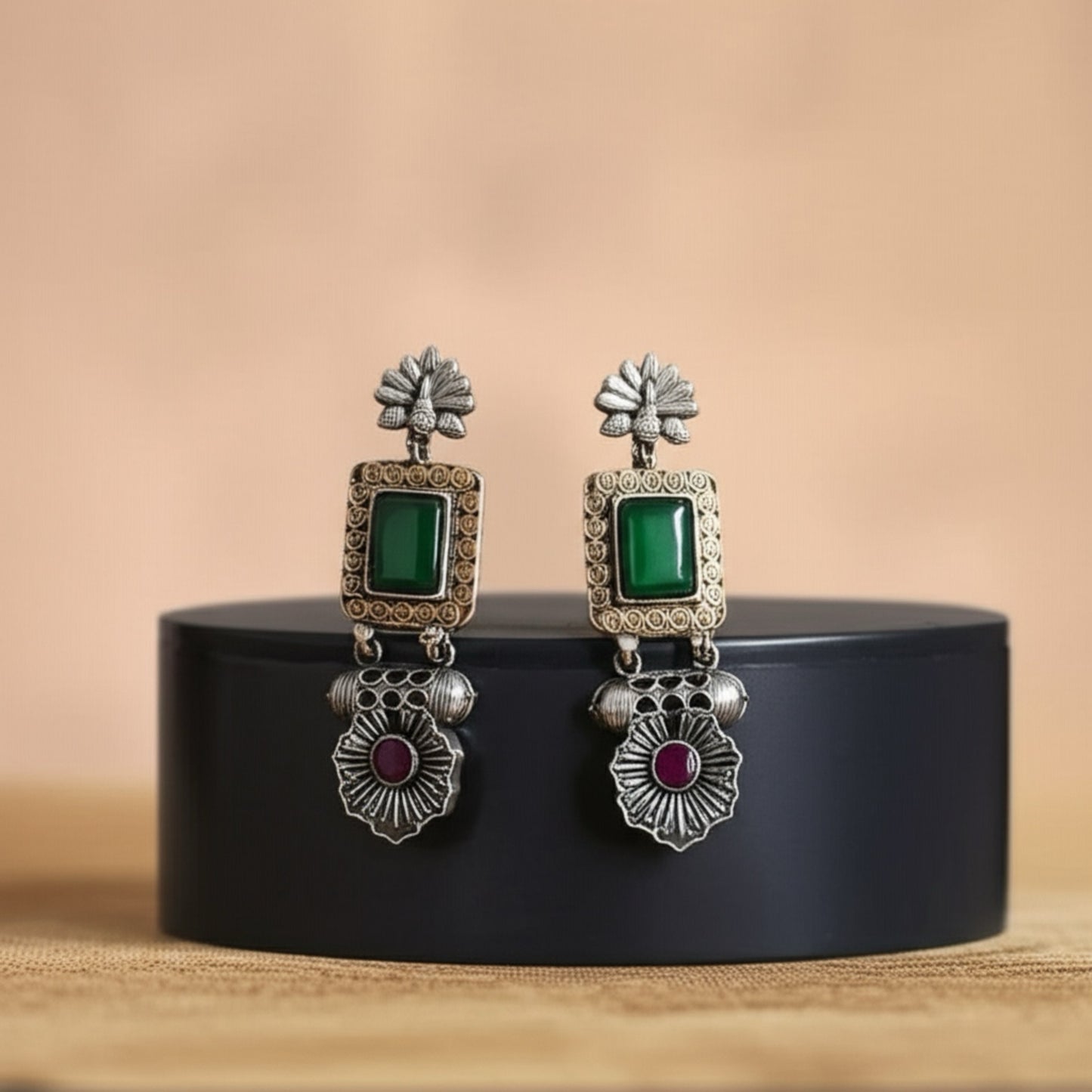 808637 Pretty Precious Fashion Oxidised Silver Stylish Party Wear Earrings for Women and Girls-Ruby Green
