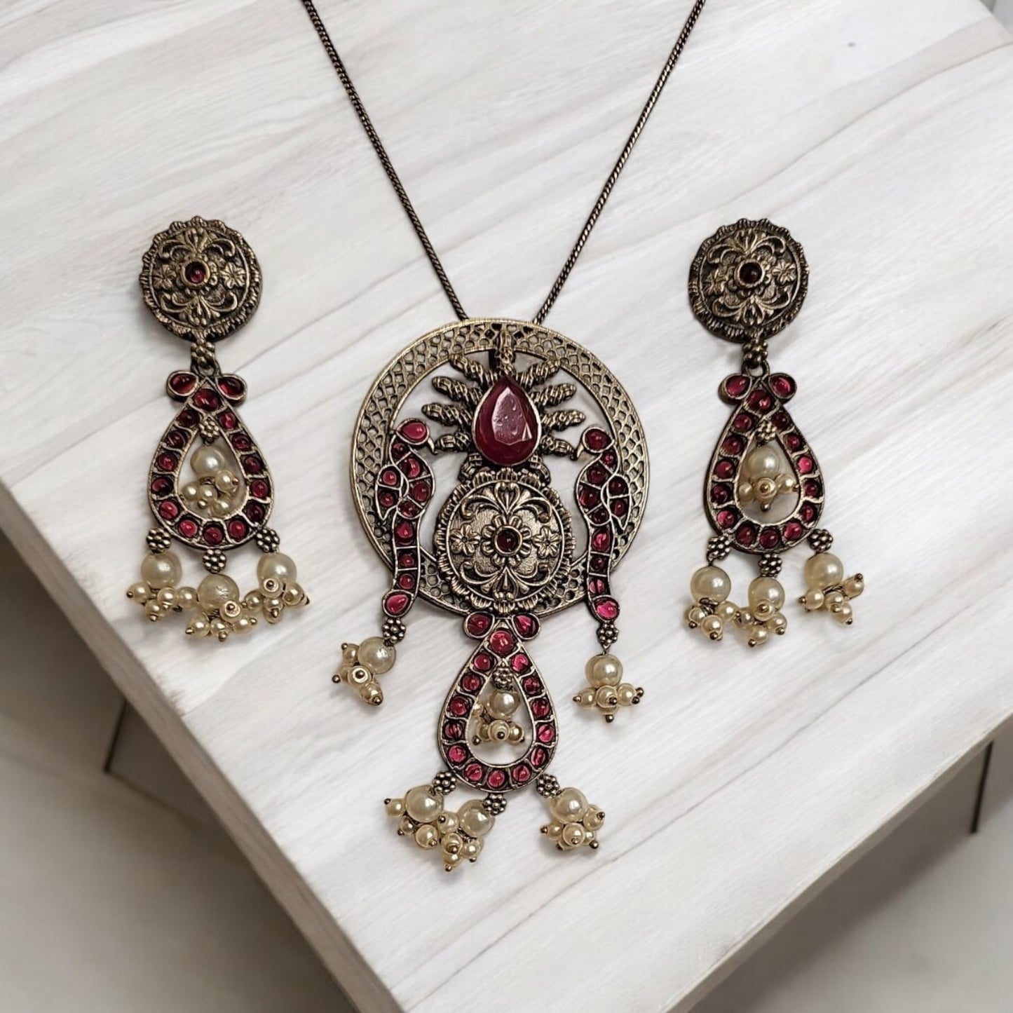 EOX35350 Pendant Set With Oxidized Plating-Ruby