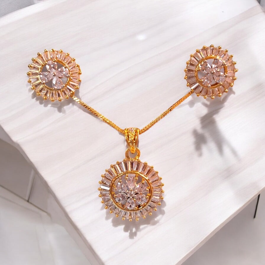 92259-PS-American Diamond Delicate Pendant Set With Gold Plating-Design 1