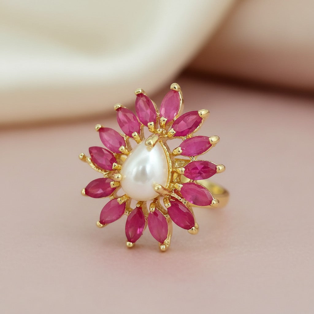 439160 Cubic Zirconia Adjustable Ring With Gold Plating-Ruby