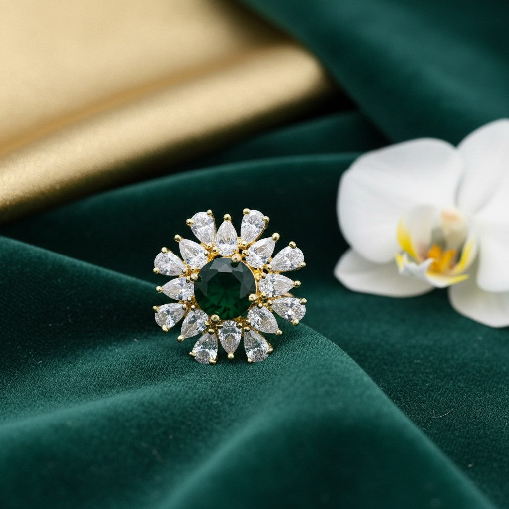 438613 Cz Adjustable Ring With Gold Plating-Green
