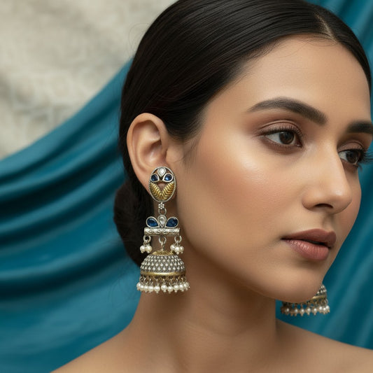 807521 Oxidised Pearl Jhumki With 2 Tone Plating-Blue