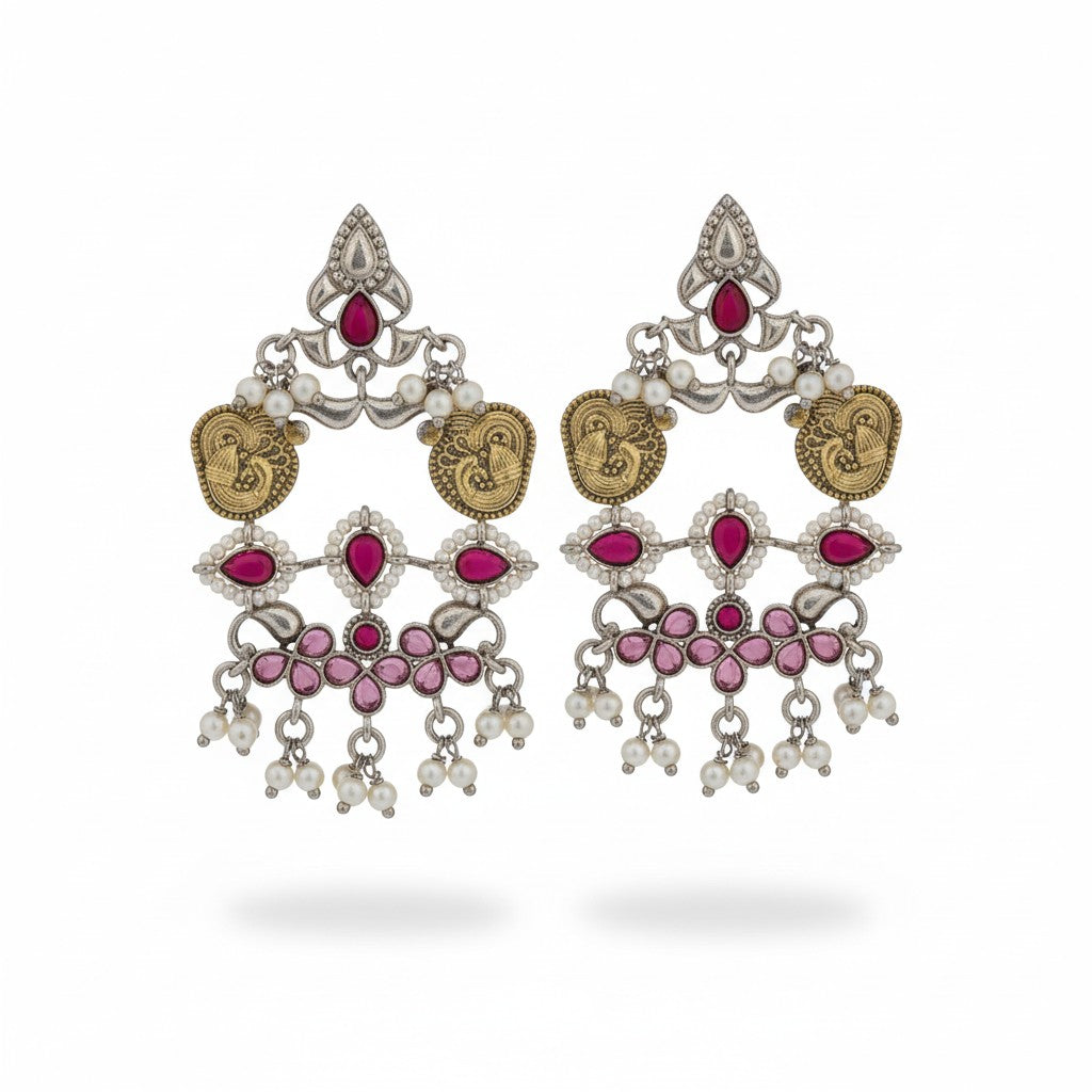 809225 Oxidised Earrings With 2 Tone Plating-Ruby