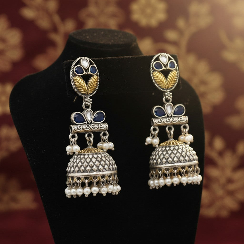 807521 Oxidised Pearl Jhumki With 2 Tone Plating-Blue