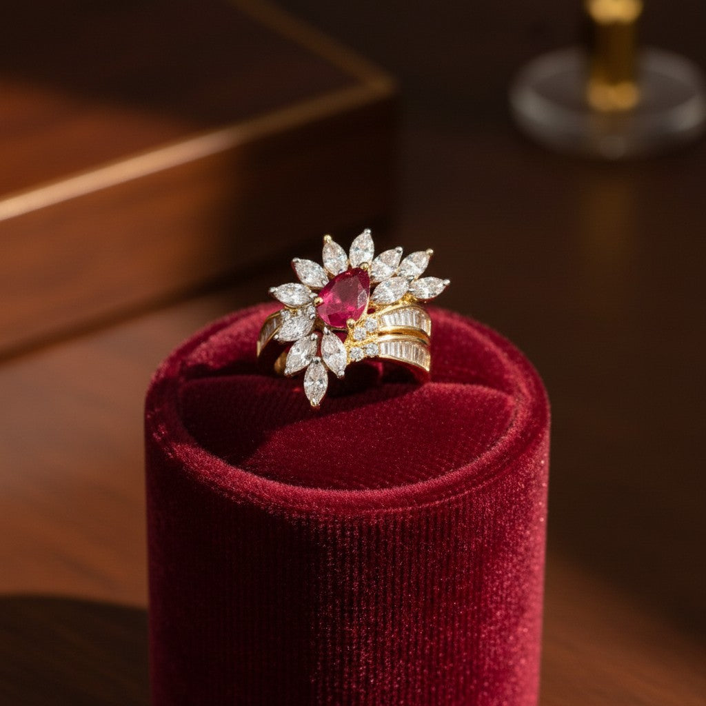 1583-Pretty Precious American Diamond Finger Ring for Women & Girls | Gold Plated AD Ring | Adjustable Elegant Party, Wedding & Daily Wear Jewellery-Ruby