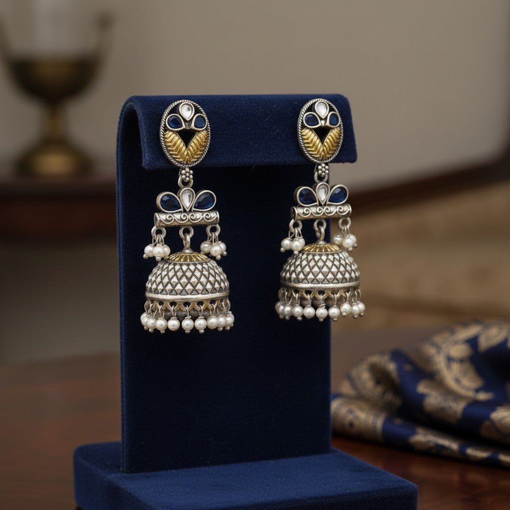 807521 Oxidised Pearl Jhumki With 2 Tone Plating-Blue