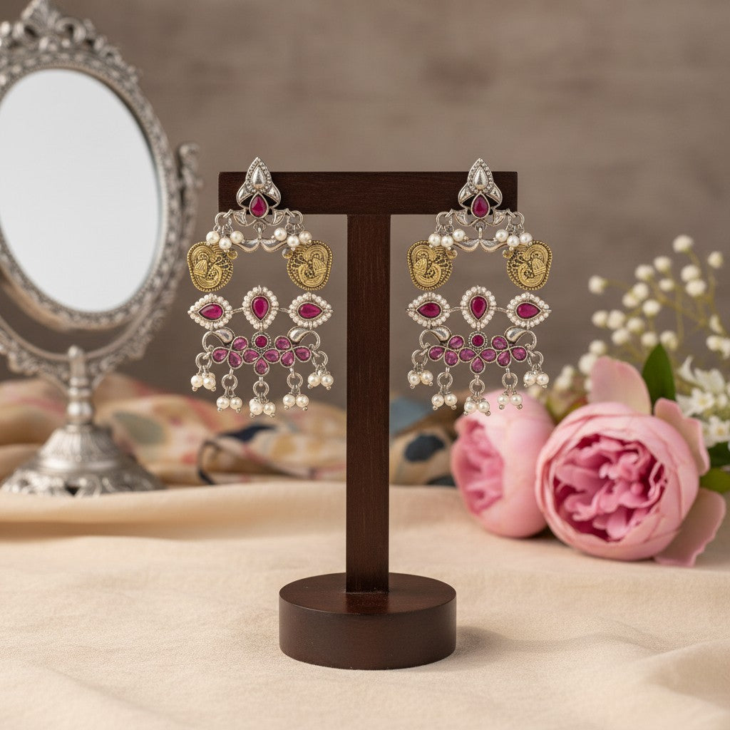 809225 Oxidised Earrings With 2 Tone Plating-Ruby