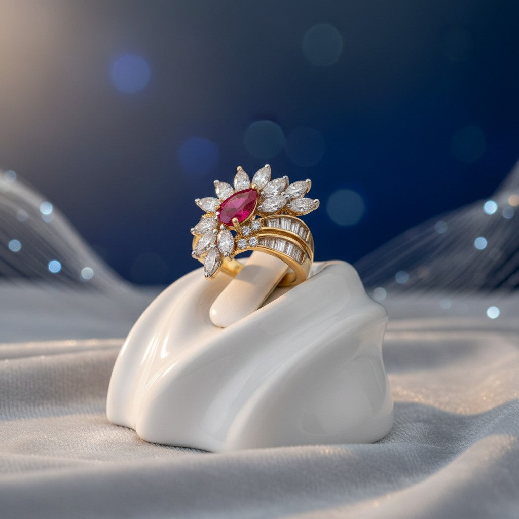 1583-Pretty Precious American Diamond Finger Ring for Women & Girls | Gold Plated AD Ring | Adjustable Elegant Party, Wedding & Daily Wear Jewellery-Ruby