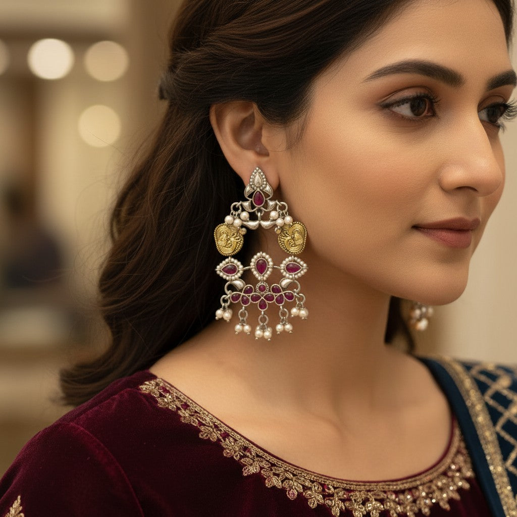 809225 Oxidised Earrings With 2 Tone Plating-Ruby