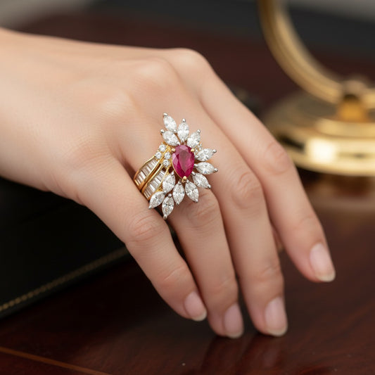 1583-Pretty Precious American Diamond Finger Ring for Women & Girls | Gold Plated AD Ring | Adjustable Elegant Party, Wedding & Daily Wear Jewellery-Ruby
