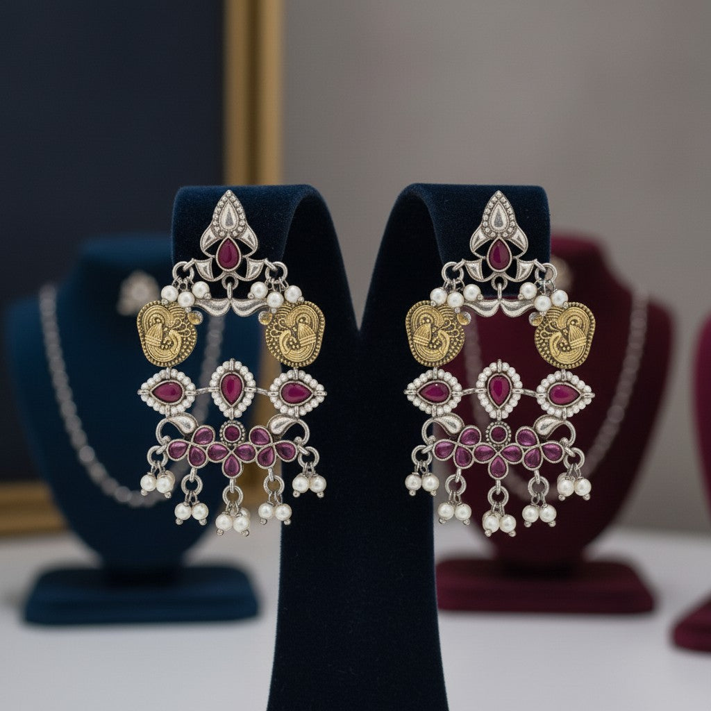 809225 Oxidised Earrings With 2 Tone Plating-Ruby