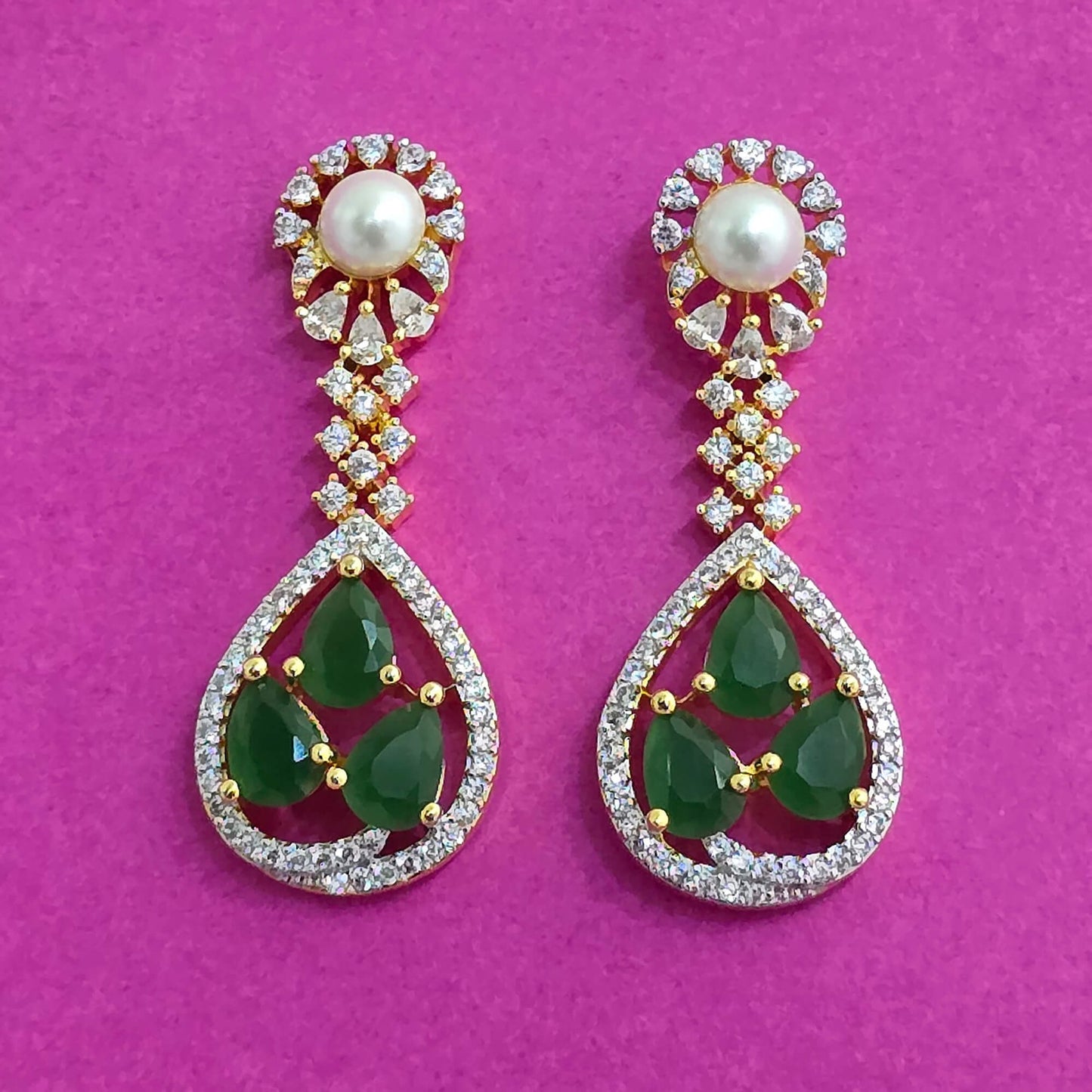 439590 Cz Moti Earring With 2 Tone Plating-Green