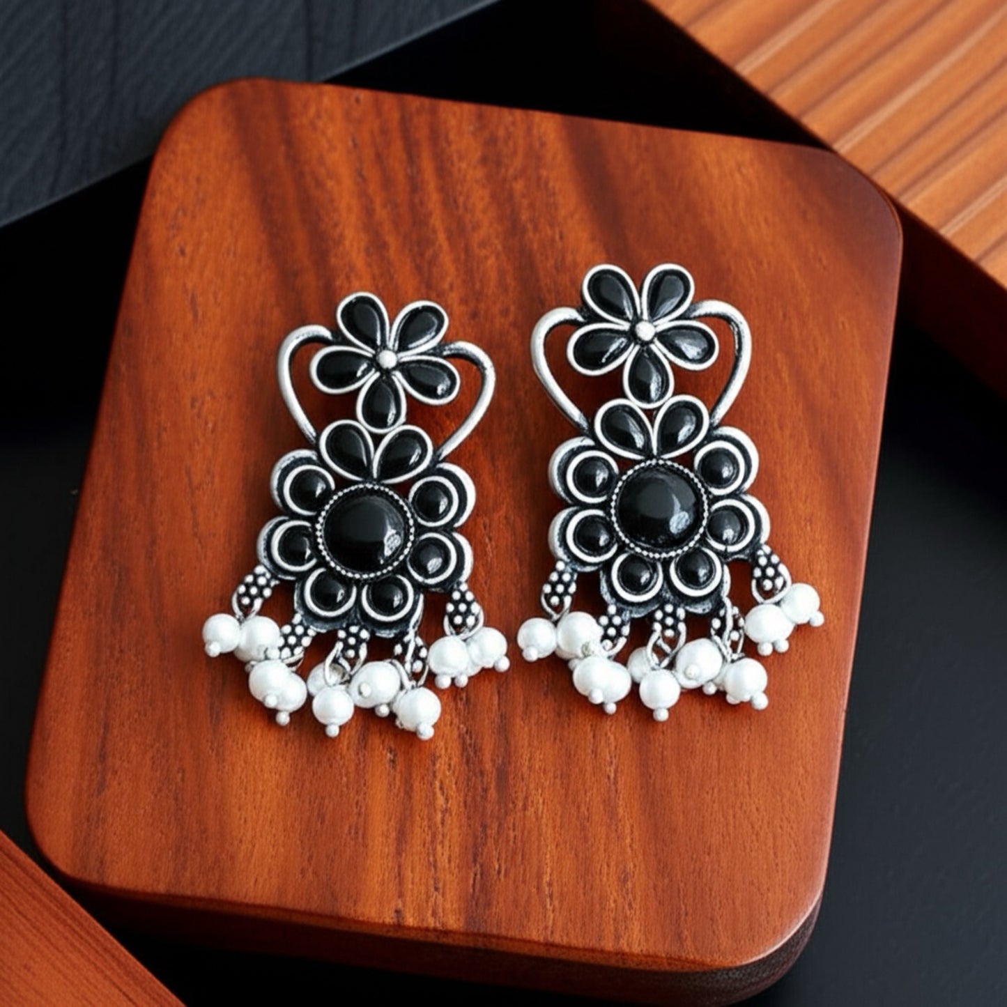 91999-ERO Pretty Precious Fashion Oxidised Silver Stylish Party Wear Earrings for Women and Girls-Black