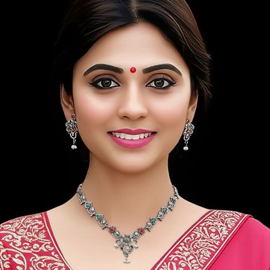 93999-NSO Classic Necklace With Oxidised Plating-Rubygreen