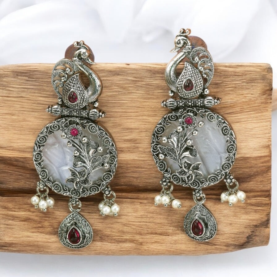 807198 Peacock Earring With Oxidised Plating-Ruby