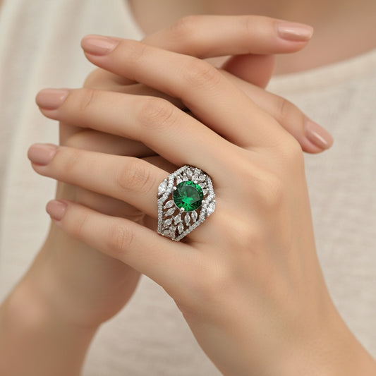 438575 Cz Classic Ring With Rhodium Plating-Green