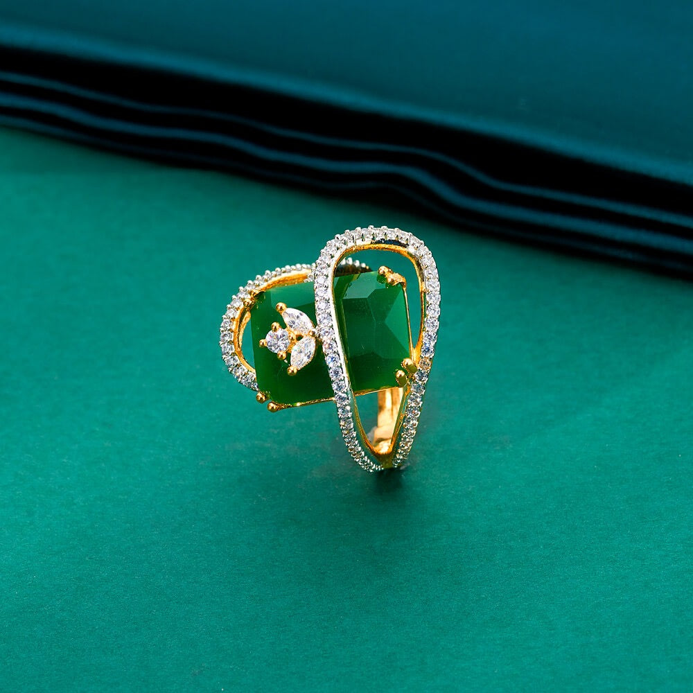 436341 Cz Adjustable Ring With 2 Tone Plating-Green