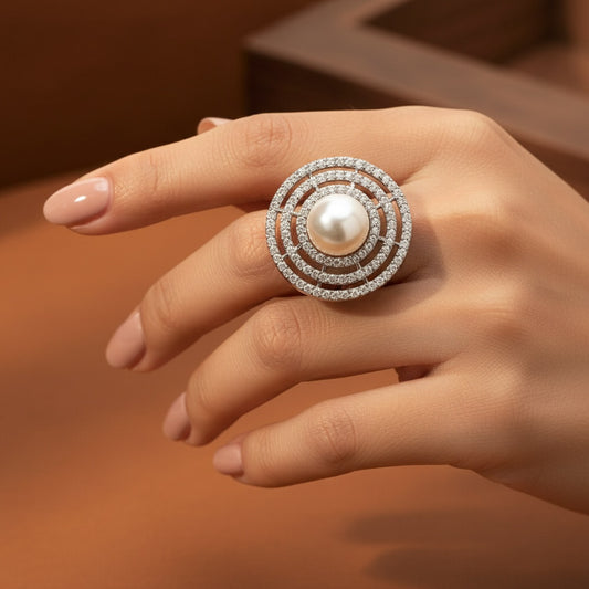 434006 Cz Moti Ring With Rhodium 2 Tone Plating-Silver