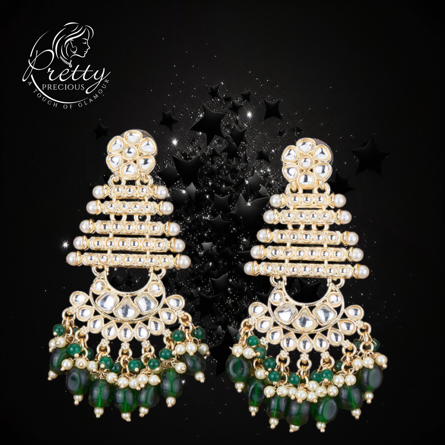 109991 Indo Western Chand Earring With Gold Plating-Green