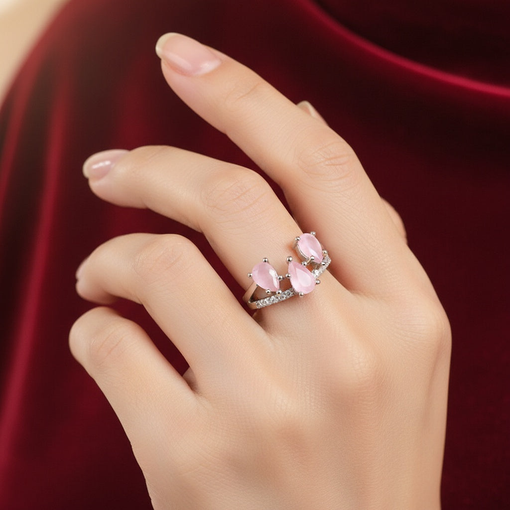 437886 Cubic Zirconia Adjustable Ring With Rhodium Plating-Pink