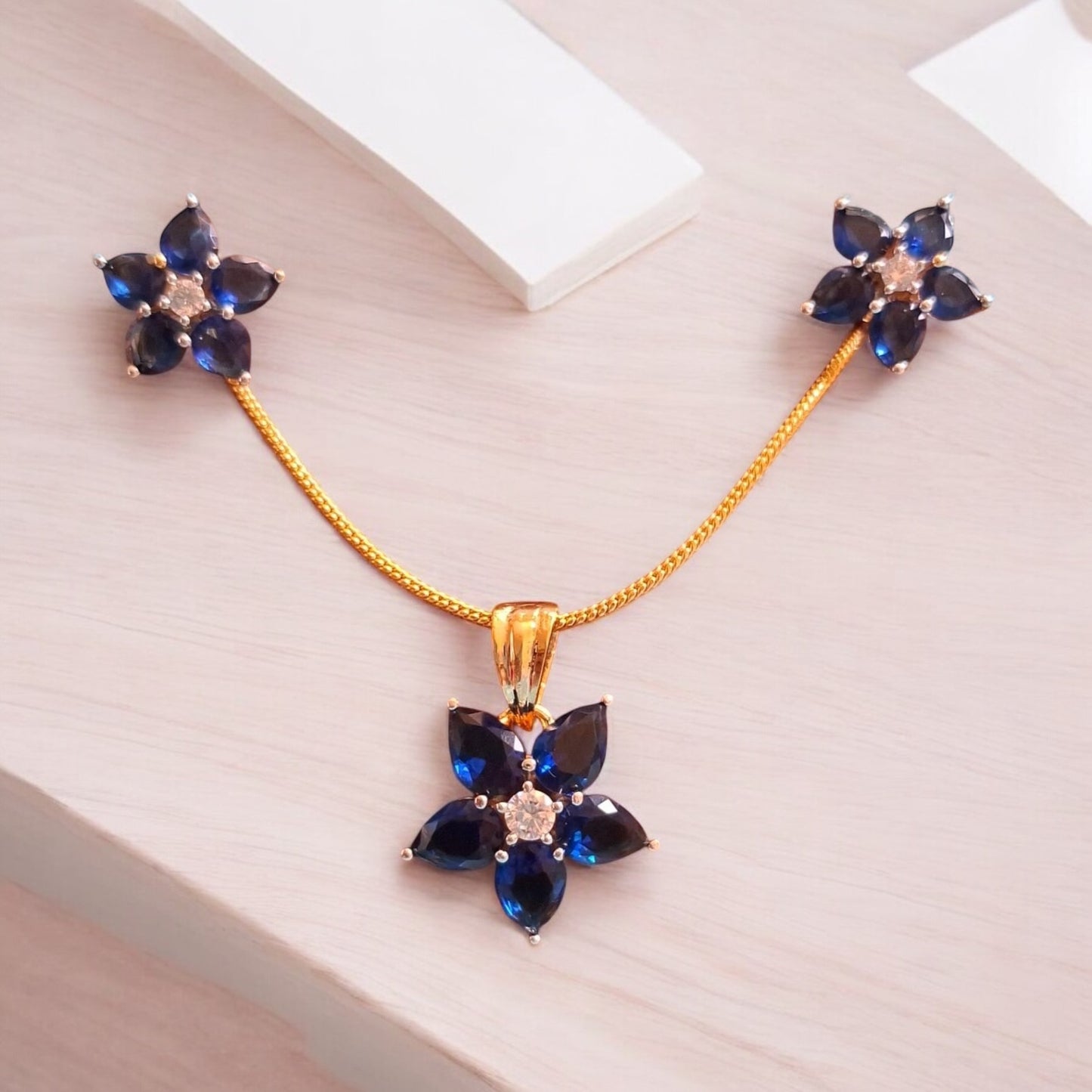 435242-American Diamond Delicate Pendant Set With Gold Plating-Blue