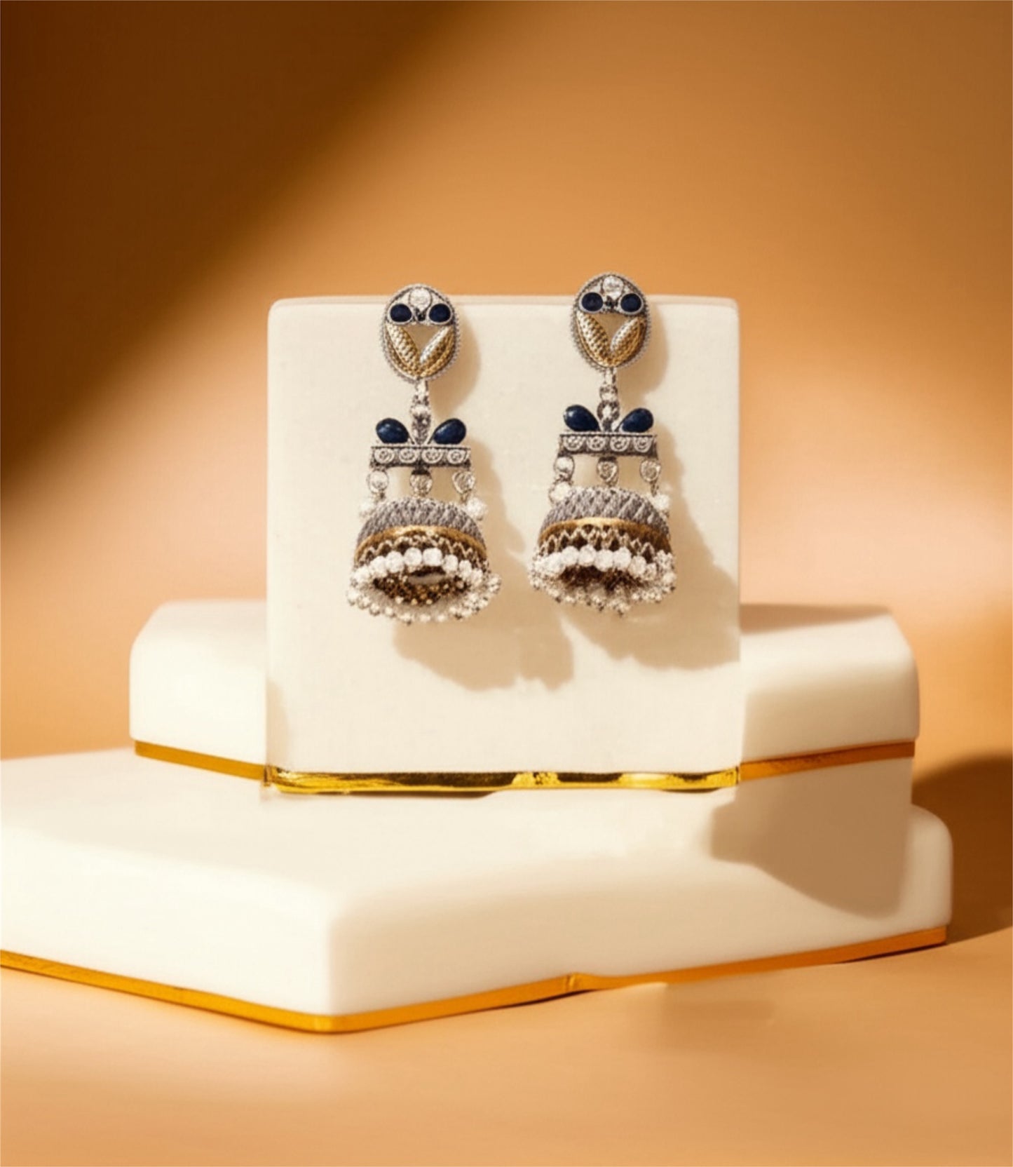 807521 Oxidised Pearl Jhumki With 2 Tone Plating-Blue