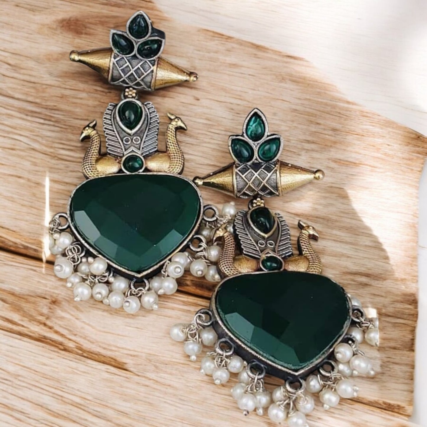94509-ERO Pretty Precious Fashion Oxidised Silver Stylish Party Wear Earrings for Women and Girls-Green