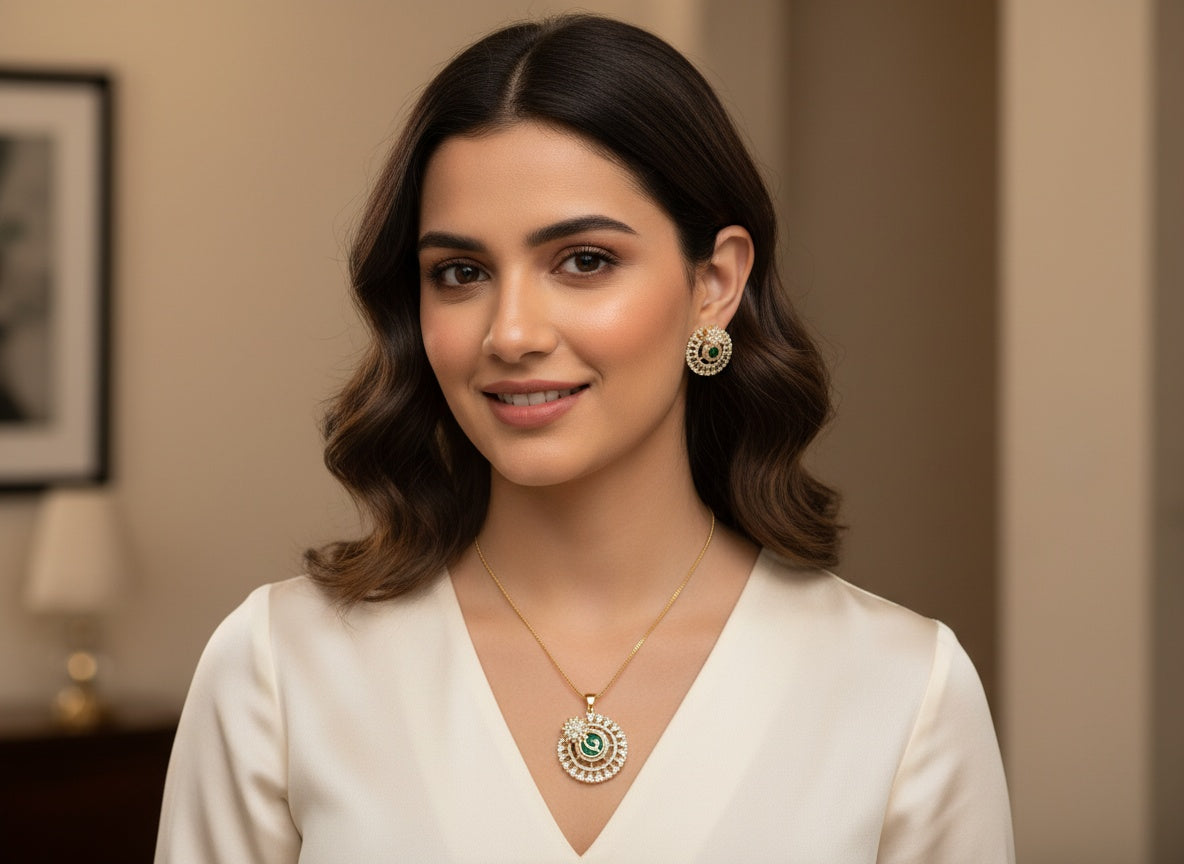 1060-American Diamond Delicate Pendant Set -Green