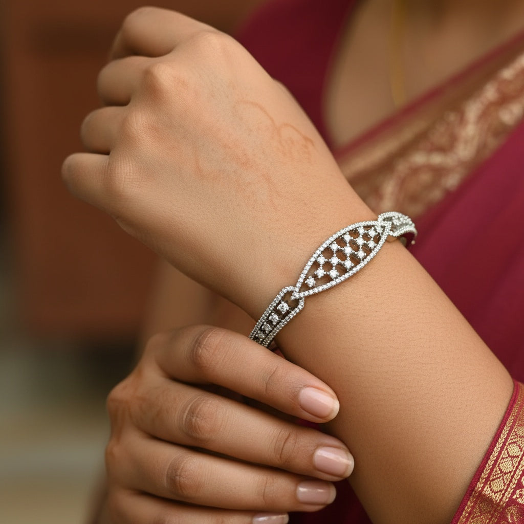 439533 Cz Openable Kada With Rhodium 2 Tone Plating-Silver