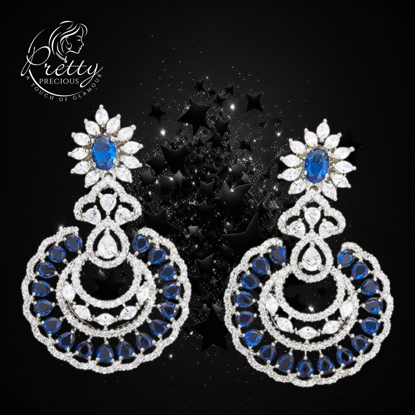 427108 Cz Short Earring With Rhodium Plating-Blue