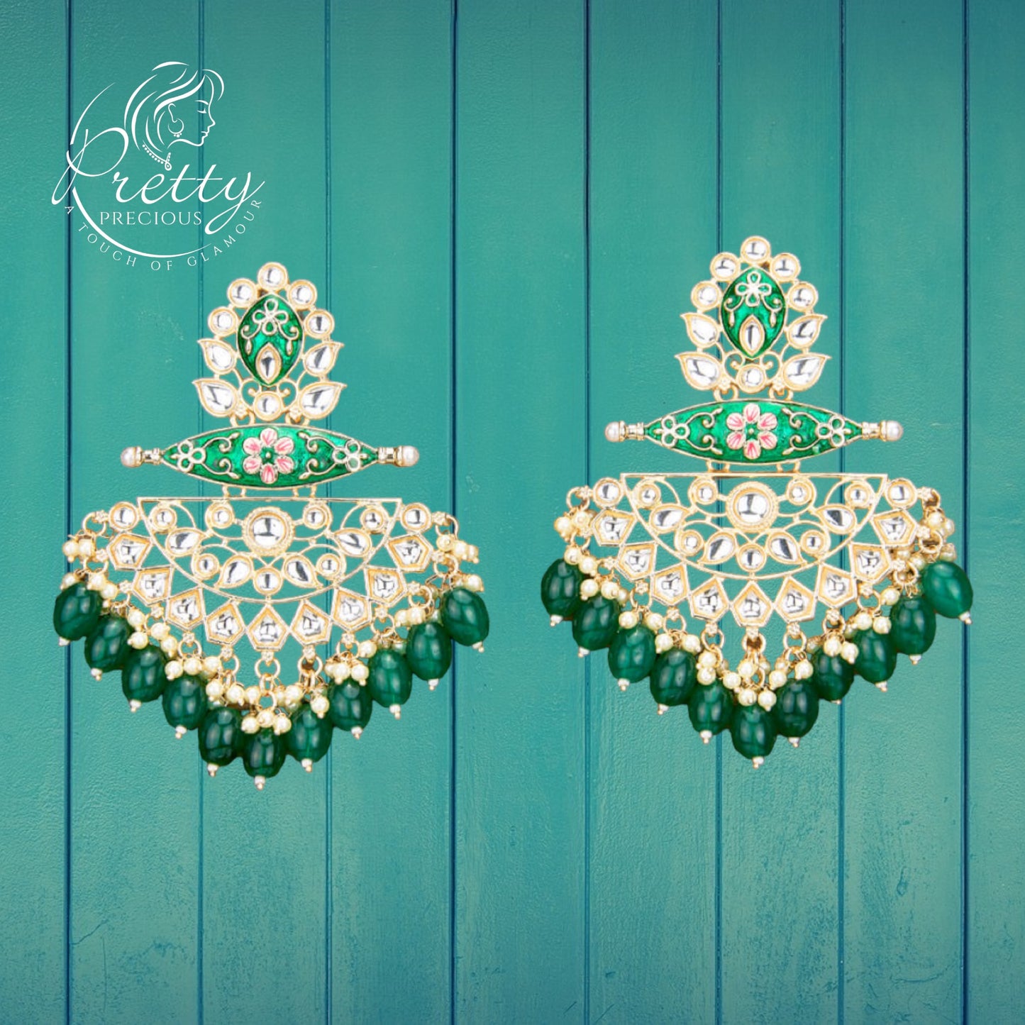 110857 Indo Western Beads Earring With Gold Plating-Green