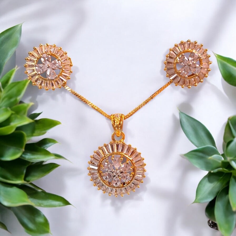 92259-PS-American Diamond Delicate Pendant Set With Gold Plating-Design 1