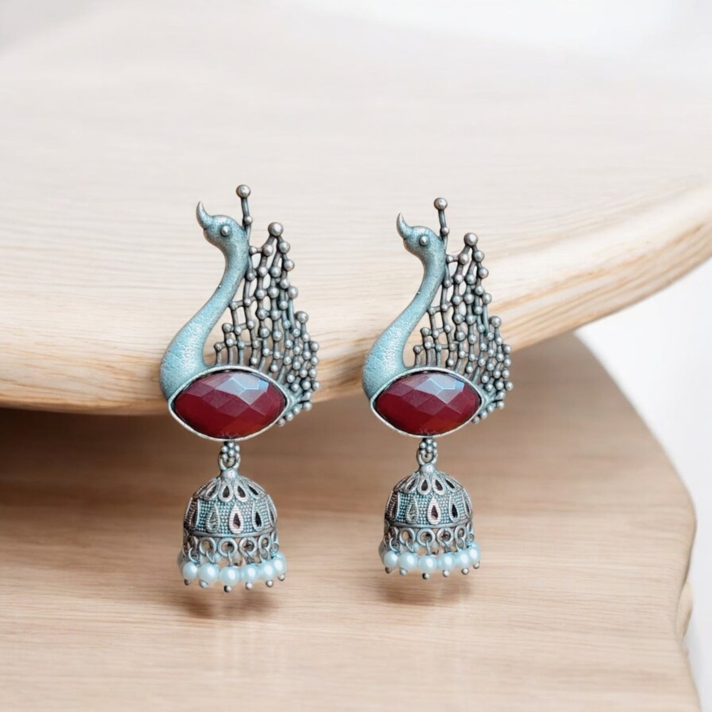 92209-ERO Pretty Precious Fashion Oxidised Silver Stylish Party Wear Earrings for Women and Girls-Ruby
