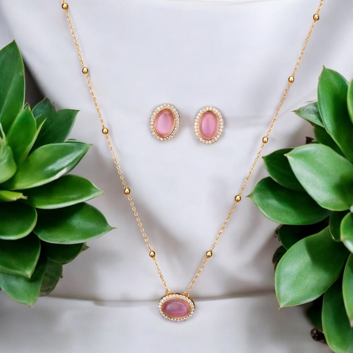 428735-American Diamond Delicate Pendant Set With Gold Plating-Pink