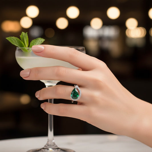 437888 Cubic Zirconia Adjustable Ring With Rhodium Plating-Green