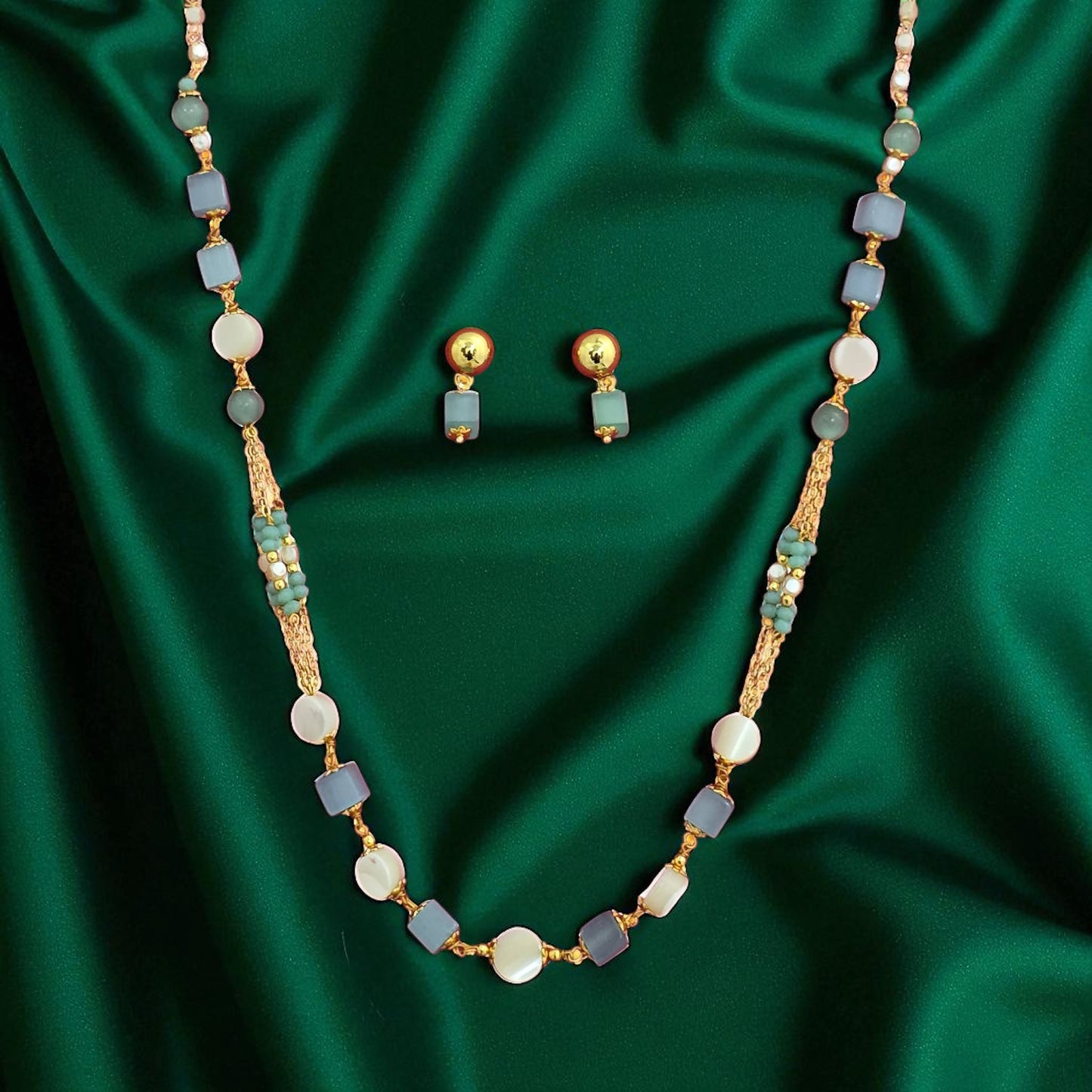 438963 Cubic Zirconia Mala Necklace With Gold Plating-Aqua