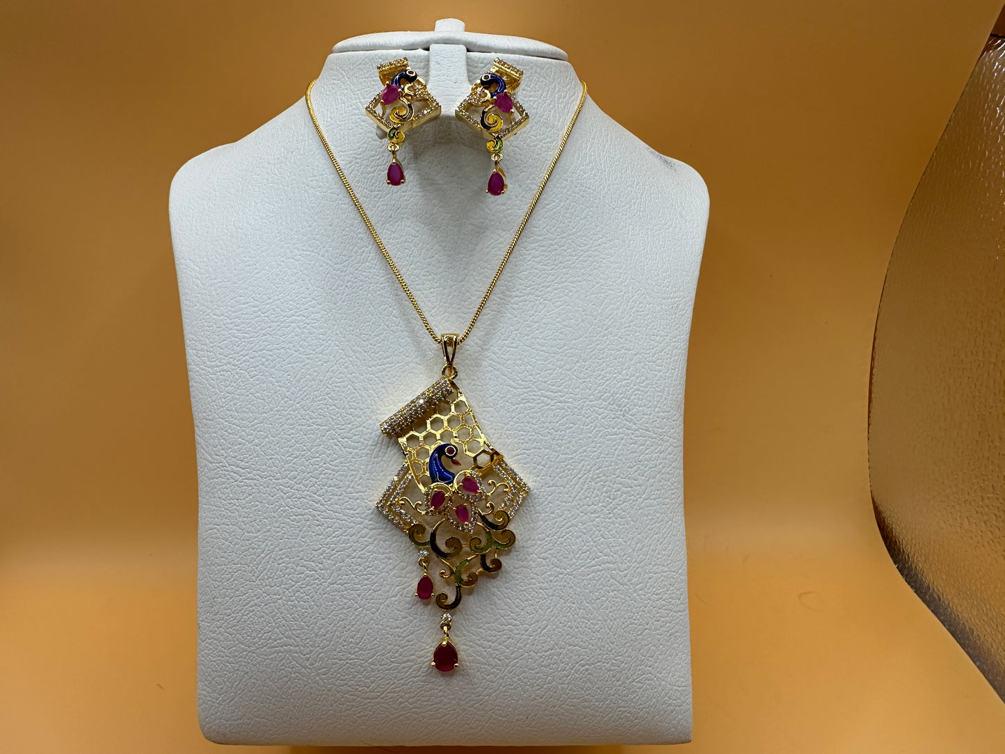 1056-American Diamond Delicate Pendant Set -Ruby