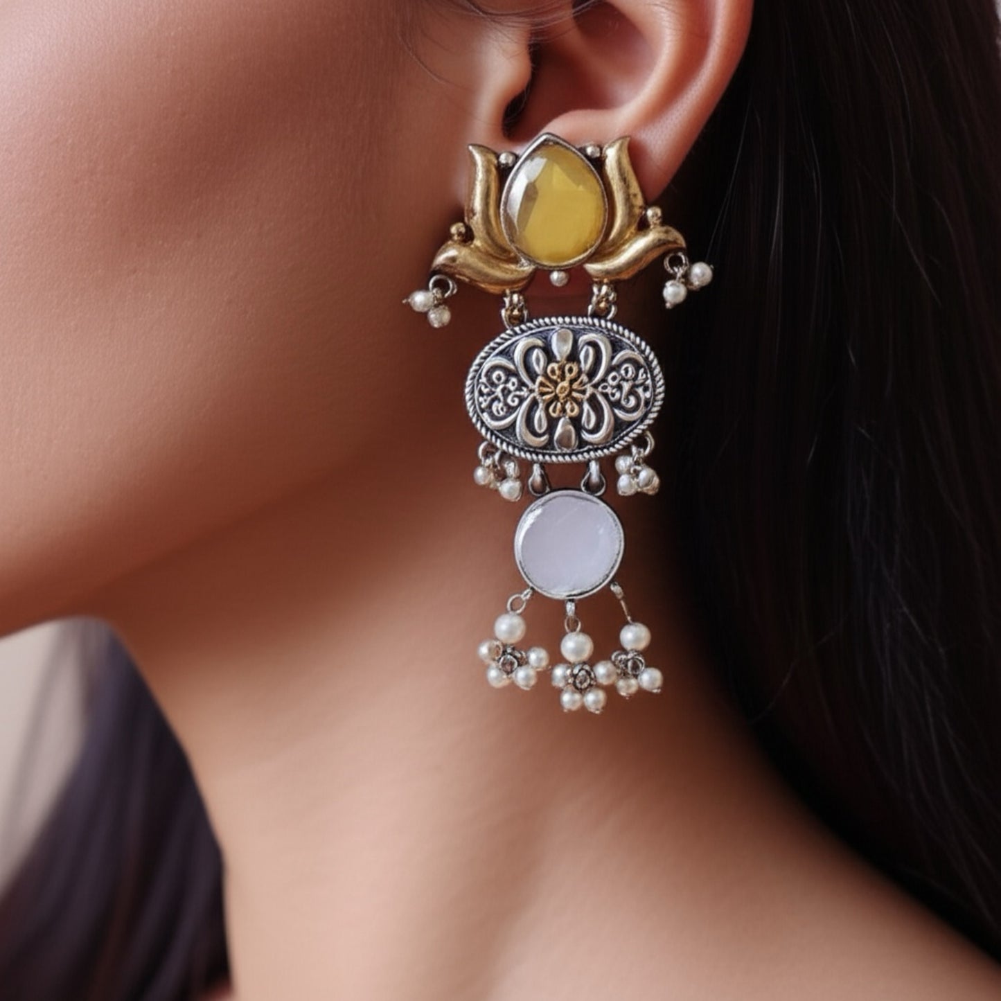 94209-ERO Pretty Precious Fashion Oxidised Silver Stylish Party Wear Earrings for Women and Girls-Yellow