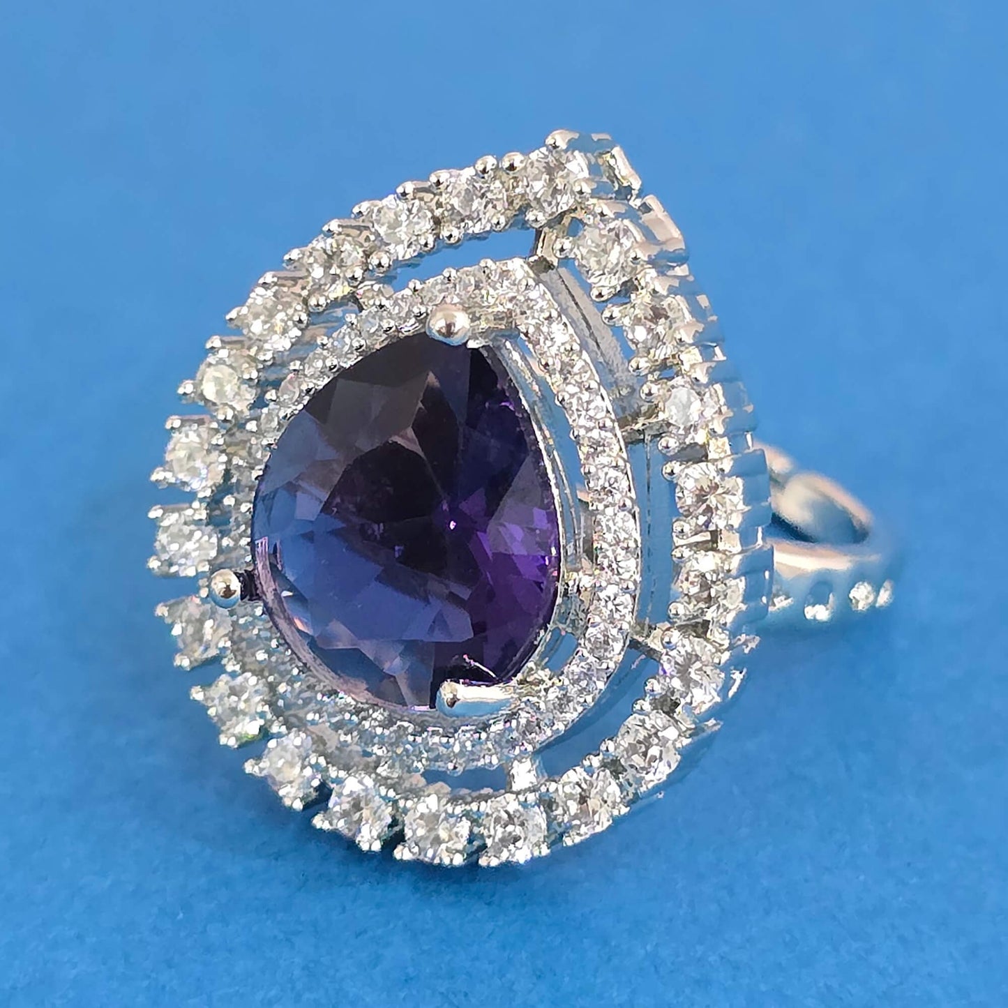 439312 Cz Adjustable Ring With Rhodium Plating-Blue