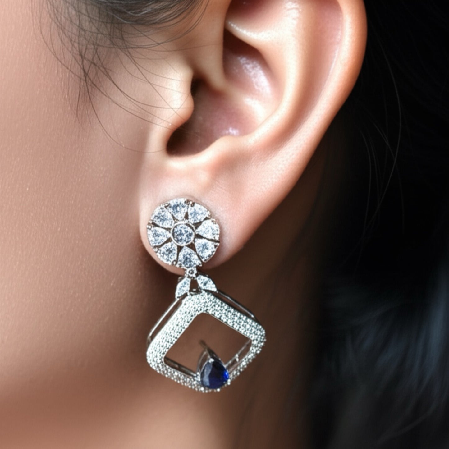 429237 CZ Earring With Rhodium Plating-Blue