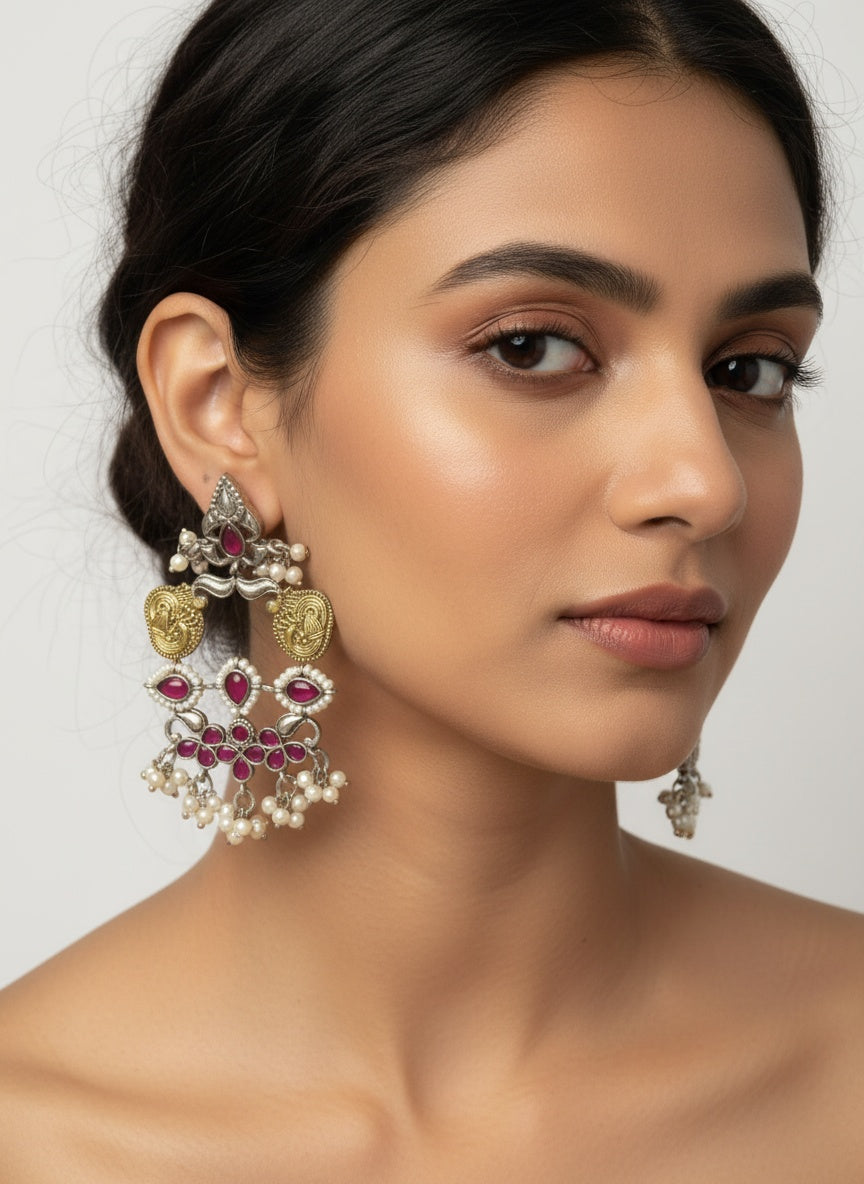 809225 Oxidised Earrings With 2 Tone Plating-Ruby