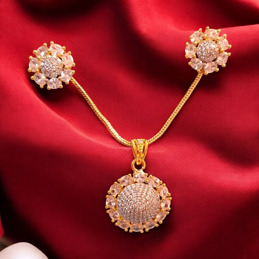 92259-PS-American Diamond Delicate Pendant Set With Gold Plating-Design 3