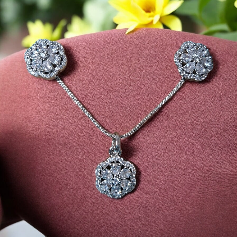 91609-PS-American Diamond Delicate Pendant Set With Rhodium Plating-Design 2