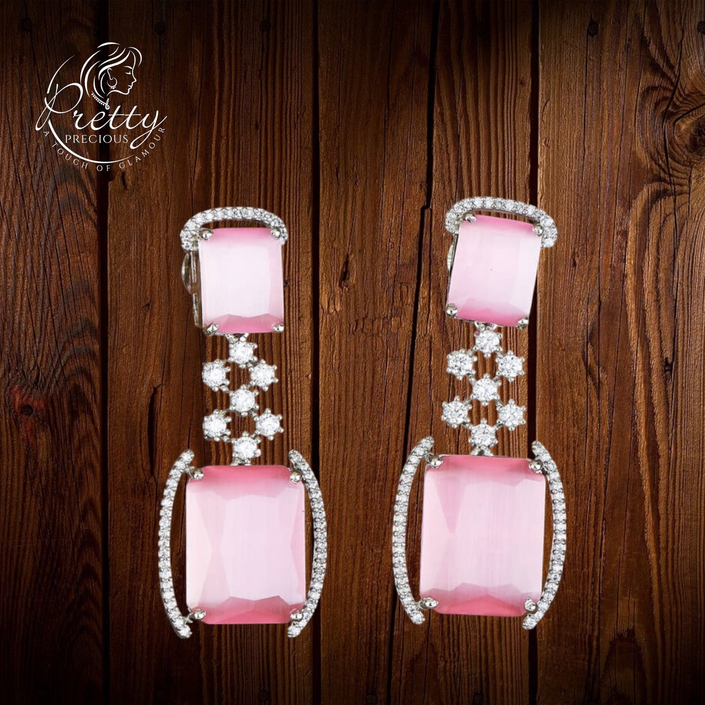 427980 Cubic Zirconia Short Earring With Rhodium Plating-Pink