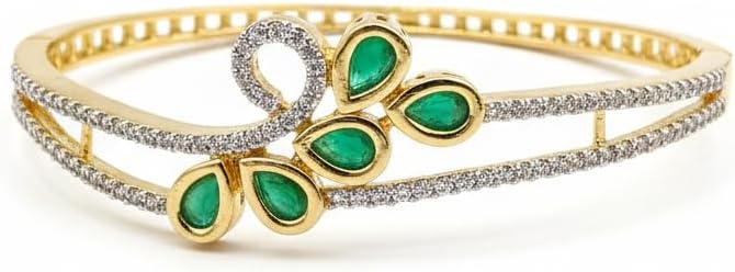 1410-Pretty Precious American Diamond Openable Kada Bracelet for Women, Gold & Silver Plating, Cubic Zirconia, One Size, Party & Wedding-Green