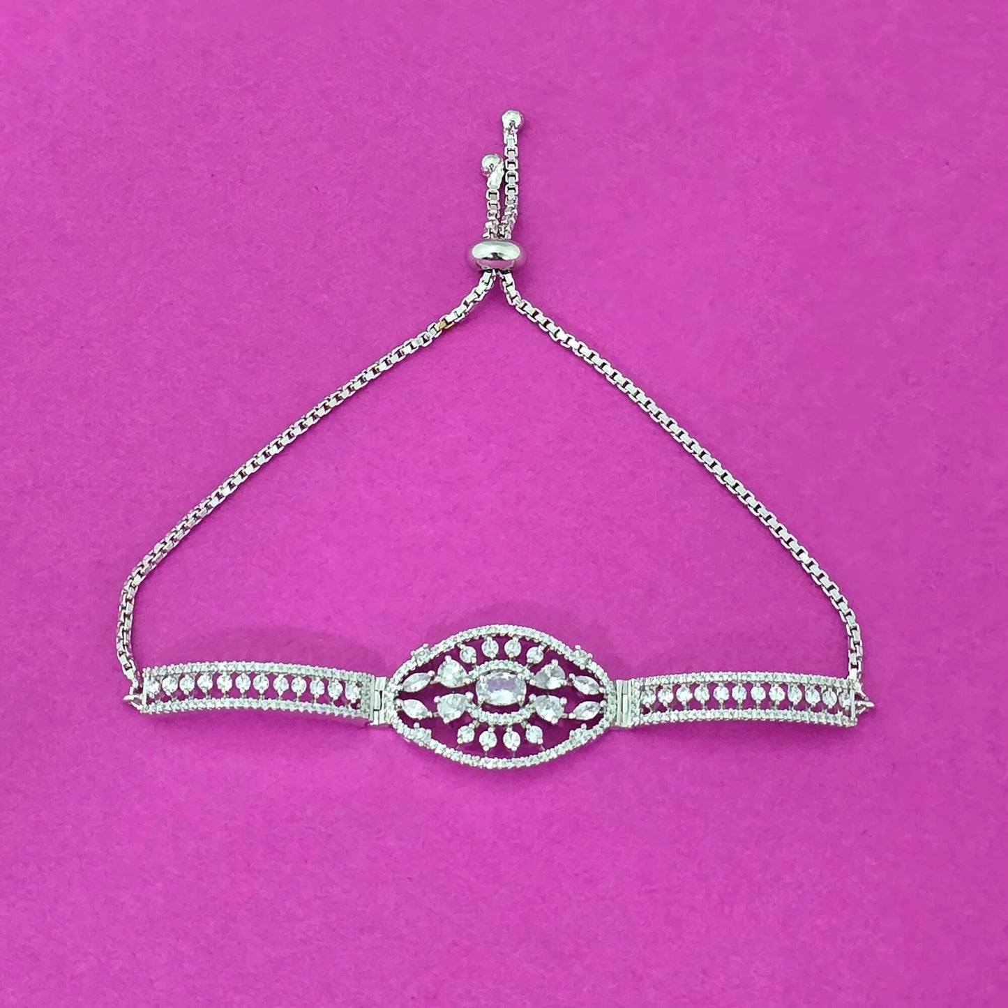 439753 Cubic Zirconia Adjustable Bracelet With Rhodium 2 Tone Plating-Silver