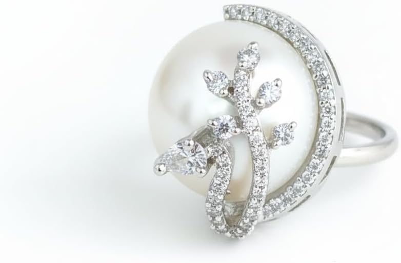 442408-Pretty Precious Pearl & American Diamond Adjustable Ring for Women | Silver Tone Statement Finger Ring | Elegant Party & Wedding Jewellery-Silver with Pearl