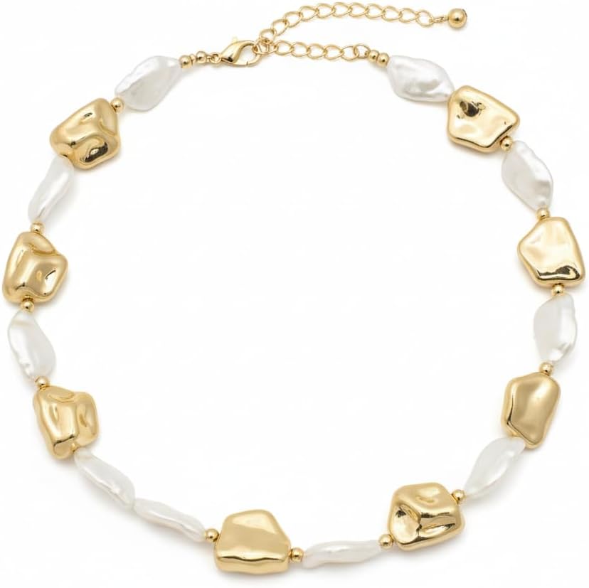 BC12523- Pretty Precious Alternating Gold Metal and White Pearl Beaded Necklace, Irregular Baroque Style, Adjustable Chain Clasp